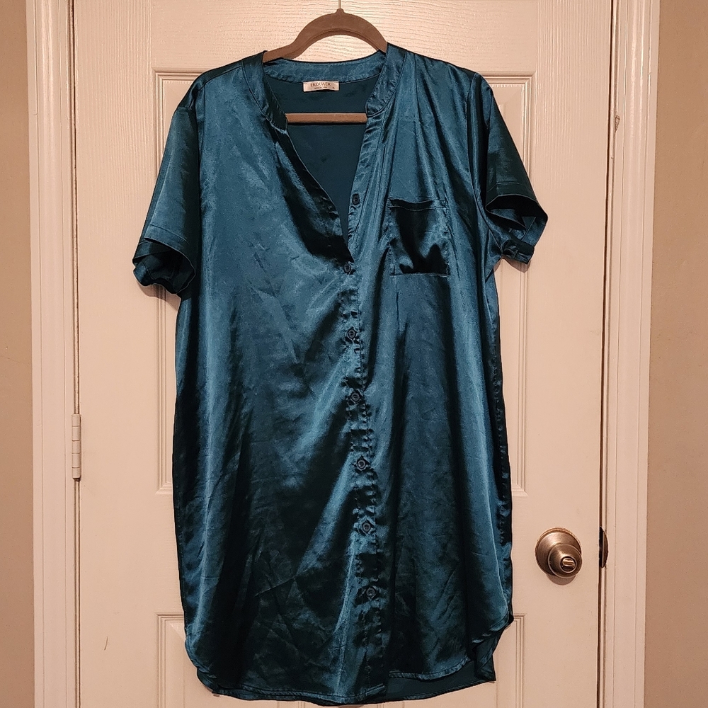 Satin Teal Button-Front Nightshirt